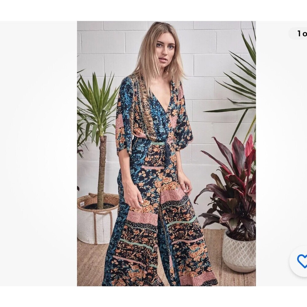 Jaase Fern Willow Clay Floral Jumpsuit wide leg Boho half sleeve flowy SZ SM